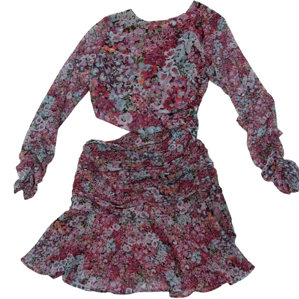 Zara Floral Print Pink Multicolor Long Sleeve Ruched Cut-Out Mini Dress (Small) - Picture 9 of 10